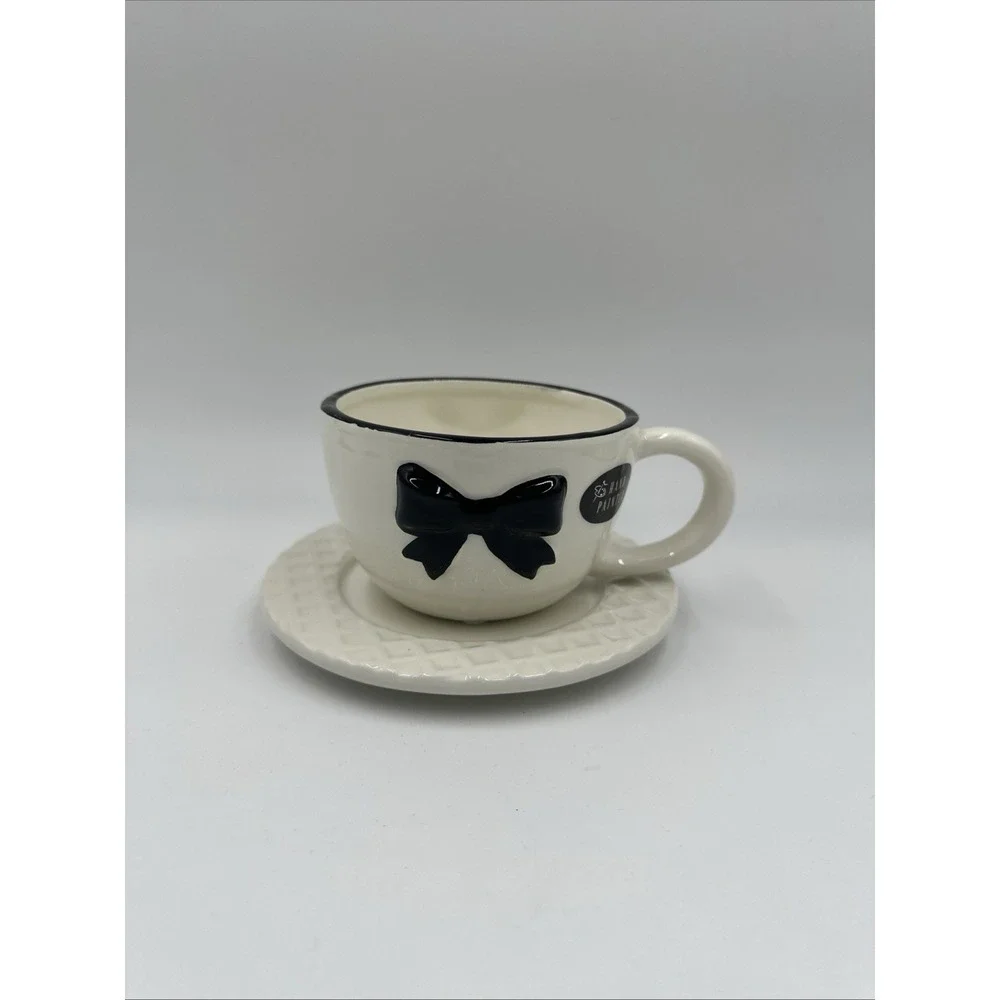 Parisian Black Bow Cup & Saucer Set Hand Painted Ceramic Valentine Gift